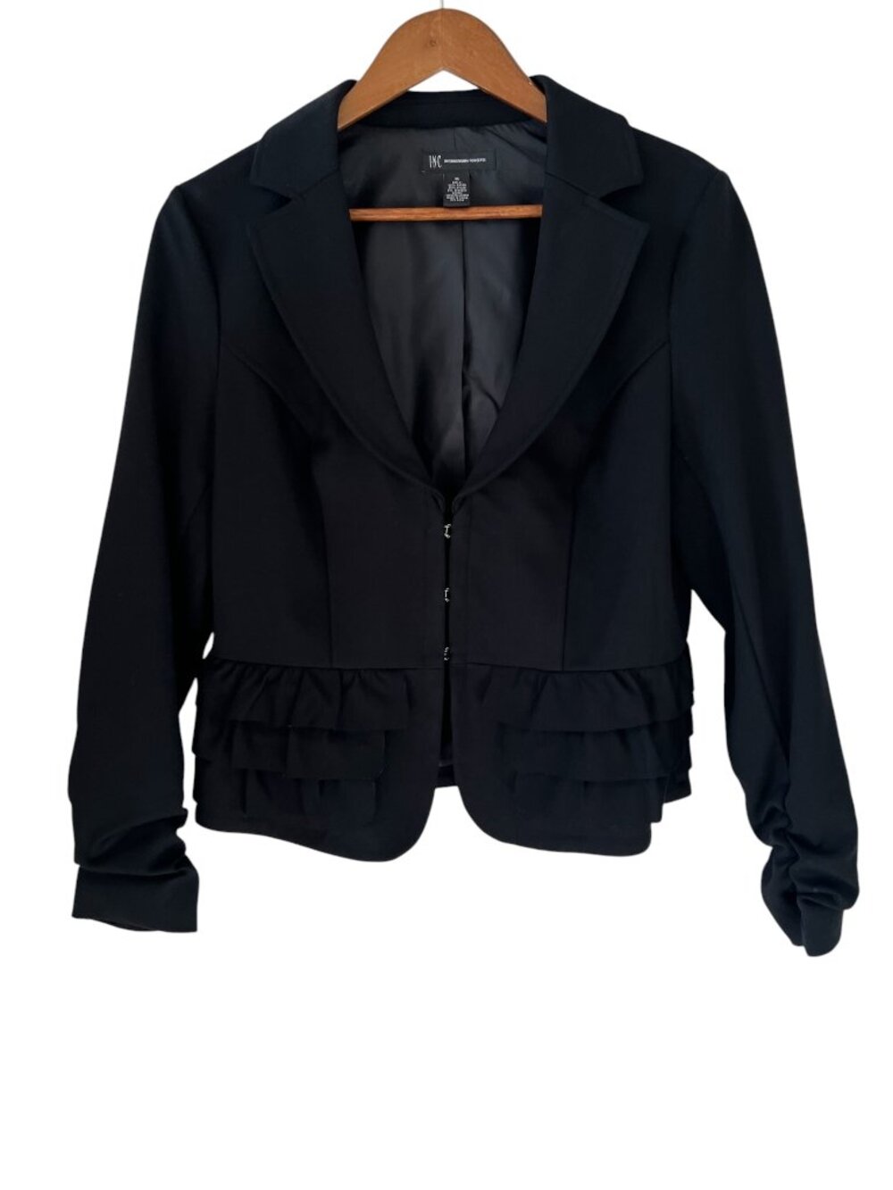 INC Ruched Sleeve Ruffle Bottom Blazer/Jacket In Black Size M